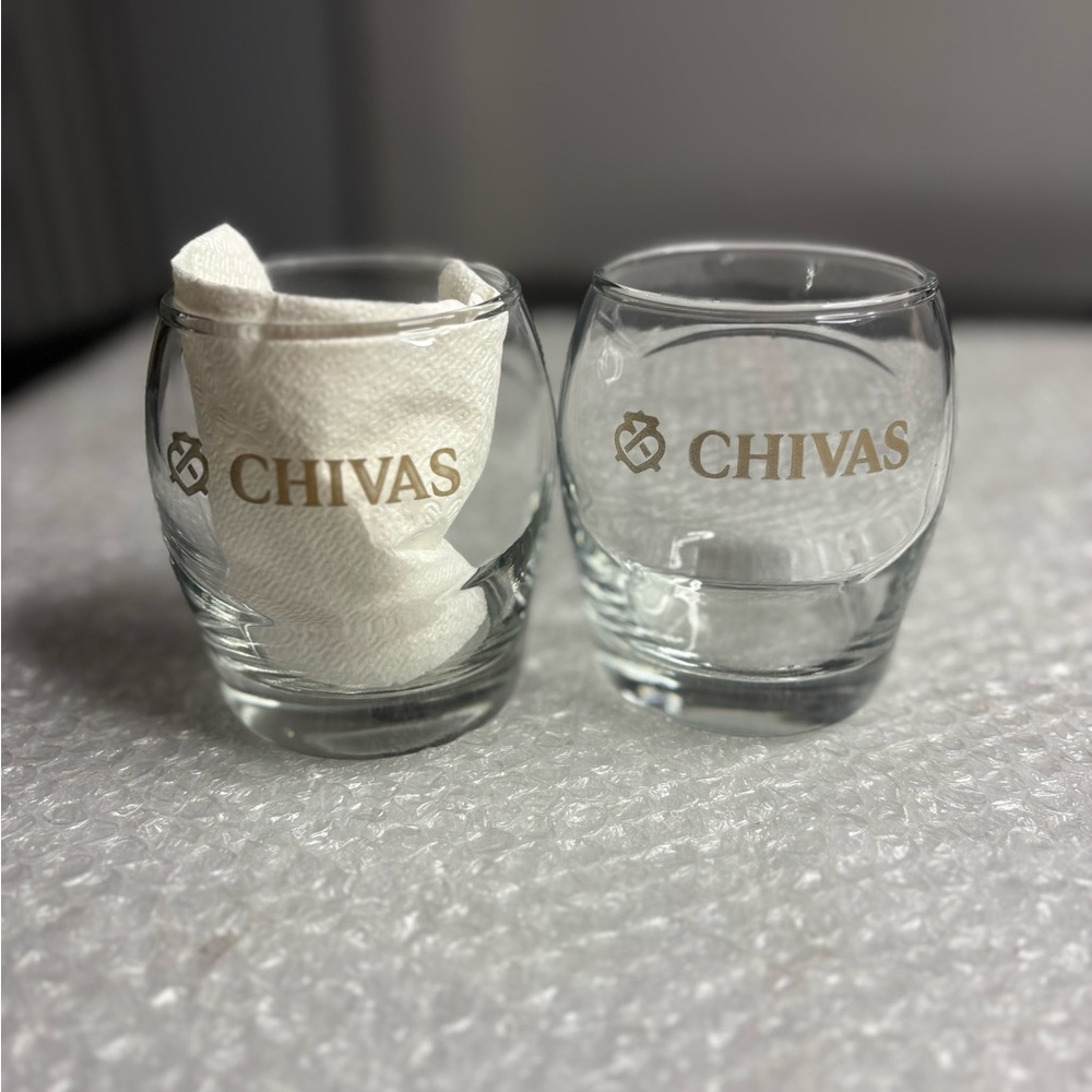 Chivas Regal whiskey glass round embossed swirl shape Matte Gold logo
